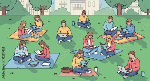 Diverse students studying outdoors in park with laptops and books, social distancing