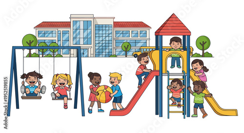 Diverse children playing on a playground with school building background