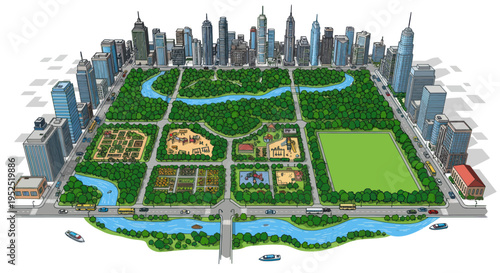 Aerial View of City Park with Skyscrapers, River, and Playgrounds