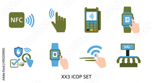 Set of 8 Contactless Payment and NFC Technology Vector Icons isolated PNG with Transparent Background
