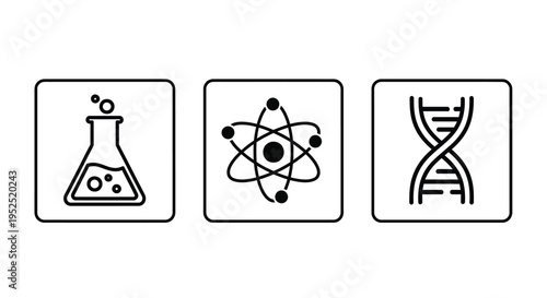 Science icons representing chemistry physics and genetics a monochrome silhouette