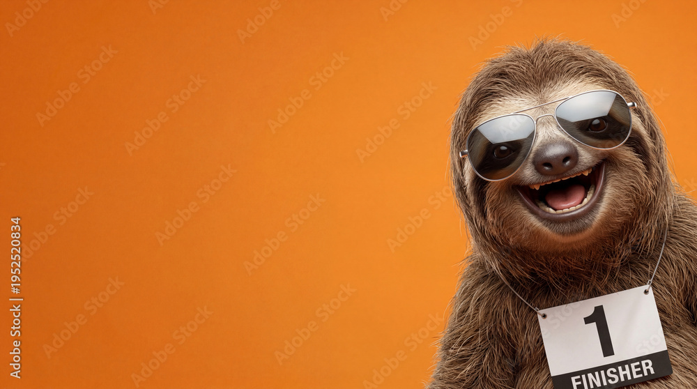 Naklejka premium Funny sloth wearing aviator sunglasses and number one finisher race bib