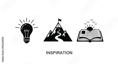 Lightbulb mountains and book icons represent the concept of inspiration silhouette