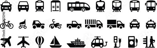 Transportation and infrastructure icons set, cars buses trains airplanes ships bicycles motorcycles trucks, traffic light fuel pump pedestrian crossing vector