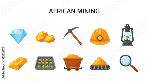 African Mining concept graphic with icons diamond gold tools and safety gear