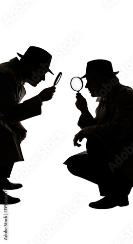 Two detectives looking at something with magnifying glasses isolated on transparent background