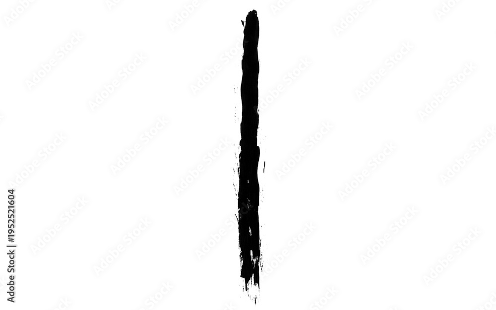 Fototapeta premium Hand-painted black ink brush stroke, vertical textured paint line on white background, artistic grunge calligraphy element for graphic design