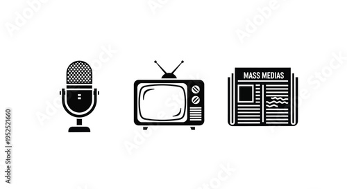 Vintage microphone television and newspaper represent mass media silhouette