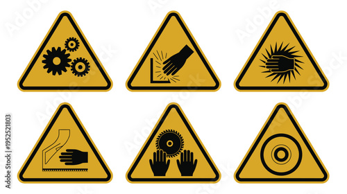 Six yellow triangular warning signs vector icon set for industrial safety and hazard alert concepts editable EPS
