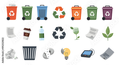 Various colorful recycling bins and different types of waste items are neatly arranged in three horizontal rows on a plain white background.