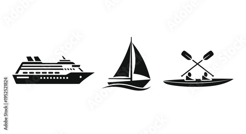 Various water vessels including a cruise ship sailboat and kayak silhouette