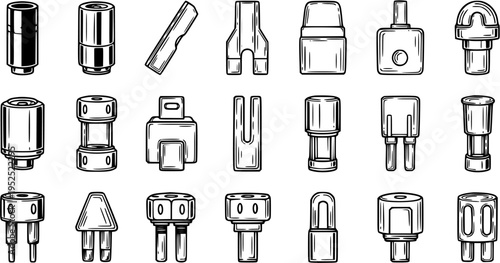 Black and White Line Art Icons of Electrical Connectors and Plugs