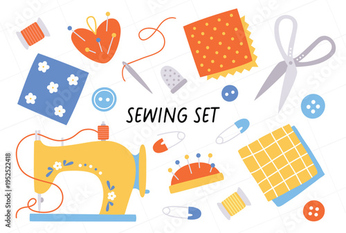 Cute sewing tools set with sewing machine, thread, scissors and needle, handmade craft supplies collection for DIY hobby and tailoring projects, colorful flat vector illustration