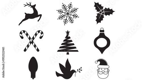 Set of nine classic Christmas icons with a deer, snowflake, holly, candy canes, Christmas tree, ornament, light bulb, dove, and Santa Claus.