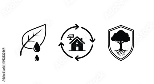 Environmental icons depicting sustainability and renewable energy silhouette