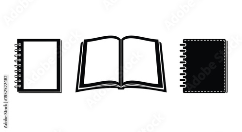 Three notebooks in varying states of openness a stark silhouette