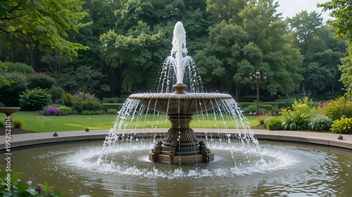 A beautiful fountain in a peaceful garden setting , serene, tranquil, water feature, outdoor, park
