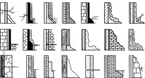 Construction Line Art: Building Wall Cracks, Damage  Repair Details