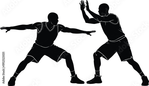 Basketball player in defensive stance silhouette, intense one-on-one defense position, black athletic defender guarding opponent, sports action vector