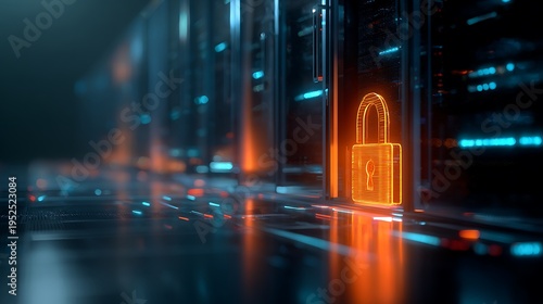A glowing orange padlock secures a futuristic server room filled with blue-lit data racks.