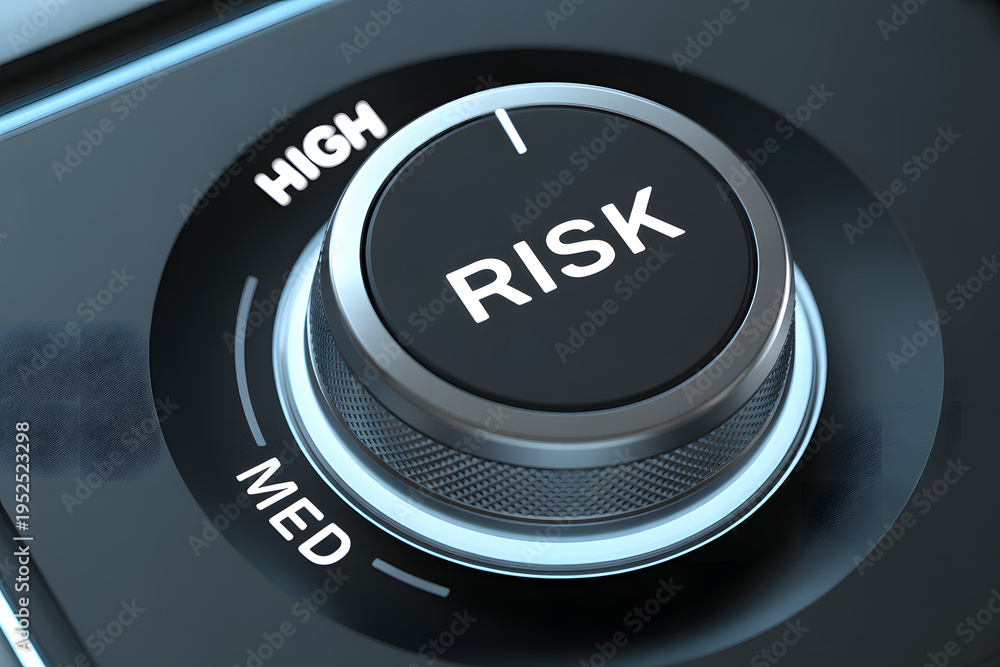 Fototapeta premium A close up view of a sophisticated control knob set to indicate high risk on a dark professional interface with subtle blue light creating a serious and analytical mood