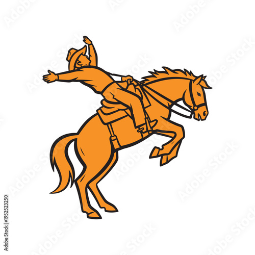 A stylized orange icon of a cowboy riding a bucking horse with his arms raised in the wild west