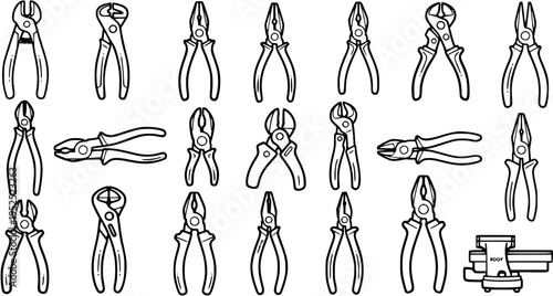 Black and White Line Art of Assorted Pliers and Tools, Industry  Construction Equipment
