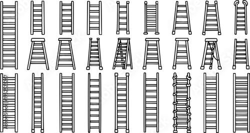 Black and White Line Art Collection of Various Ladder Types, Construction and DIY Icons