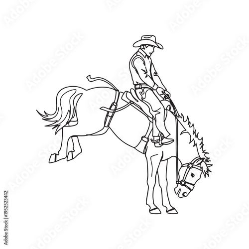 A minimalist line art illustration of a cowboy riding a bucking horse during a rodeo competition