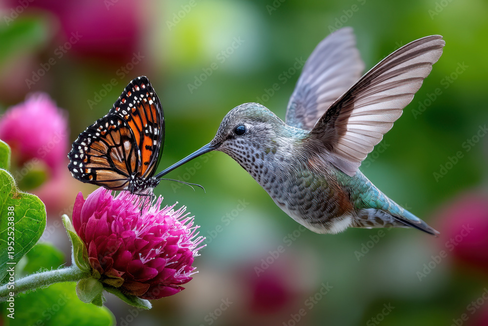 Obraz premium Hummingbird and Butterfly on a Vibrant Flower