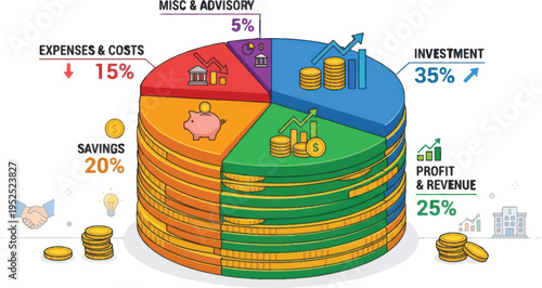 Detailed Financial Pie Chart Vector Illustration with Money Stacks, Icons, and Percentage Breakdown for Investment, Profit, Savings, Expenses, and Advisory