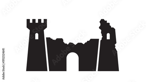 Castle ruins icon with crenellated towers and an arched entryway silhouette against a white background, representing historical architecture