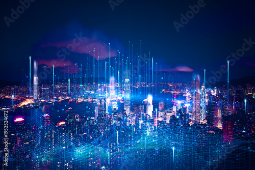 Smart City and Global Digital Network Technology Over Modern City Skyline at Night
