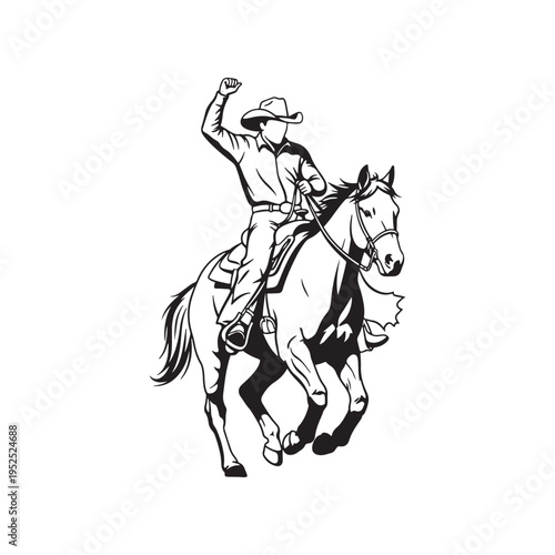A black and white line art illustration of a triumphant cowboy riding a horse with a raised fist