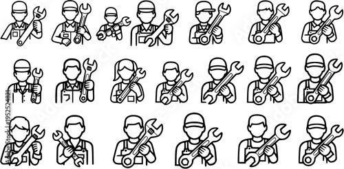 Black and White Line Art Icons of Mechanics with Wrenches, Industry, Service, Labor