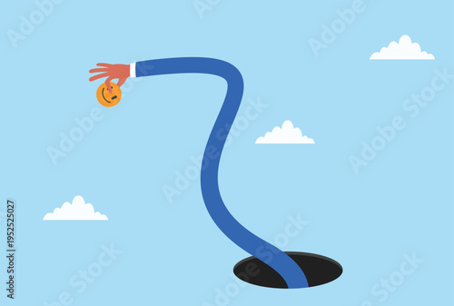 Vector illustration of a hand holding a smiley face icon rising from a hole, representing feedback, customer satisfaction, reviews, ratings, and positive interaction
