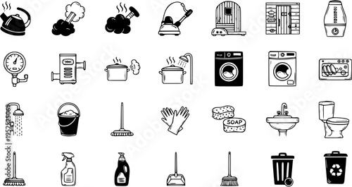 Black and White Line Art Icons of Household Cleaning and Appliances