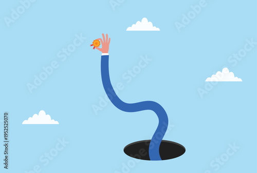 Vector illustration of a hand rising from a hole holding a quality check mark, symbolizing verified reviews, approval, trust, and feedback, minimal design
