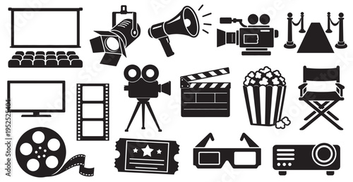 Cinema Icons Collection: Movie Theater Camera Popcorn Clapperboard Director Chair