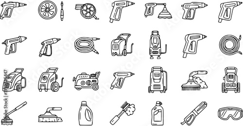 Black and White Line Art Icons of Pressure Washers and Cleaning Equipment