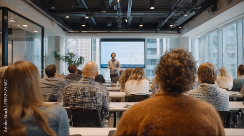 People in a conference room listening to a presenter with screen and windows around.