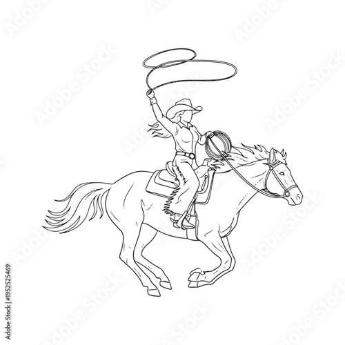 A black and white line art illustration of a western cowgirl riding a galloping horse with a lasso