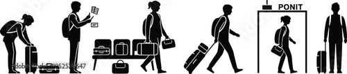 Black Silhouette Travelers at Airport Checkpoint with Security Screening, Luggage Handling, Police Control, and Passenger Journey Process Illustration