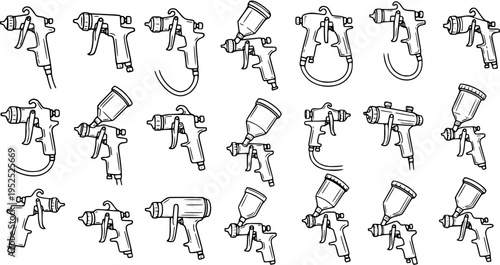 Hand Drawn Black and White Line Art Vector Set of Automotive Painting Spray Guns and Industrial Coating Tools.