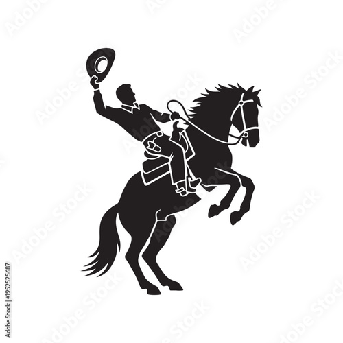 A black silhouette illustration of a cowboy riding a bucking horse while waving his western hat