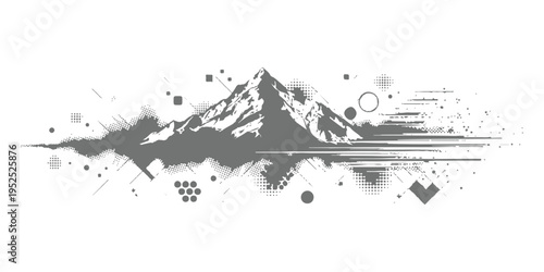 Abstract grey mountain peak with geometric halftone shapes and splatter elements in modern minimalist vector illustration style