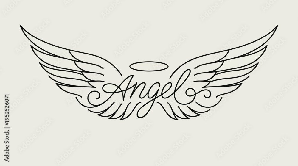 Fototapeta premium Elegant Angel Wings with Halo and Script Text Line Art.