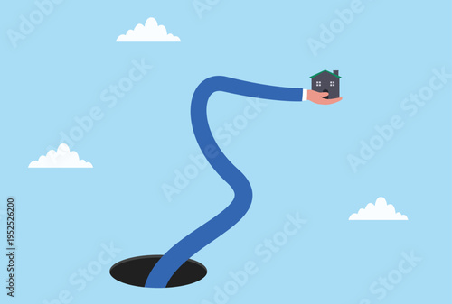 Vector illustration of a hand rising from a hole holding a home, symbolizing real estate, property ownership, investment, trust, and new opportunities, minimal design
