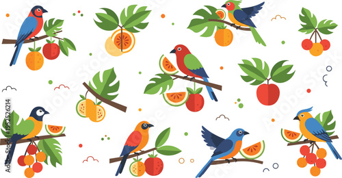 Colorful Birds and Fruit Set with Tropical Peaches Oranges and Exotic Plants Vector Illustration Collection