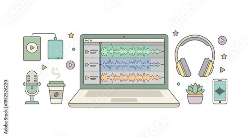 Flat Vector: Digital Audio Production Workflow. Laptop, Editing Software, Microphone, Headphones, and Creative Workspace Elements